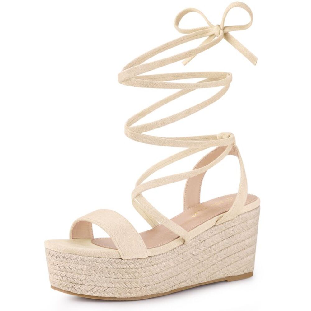 Women's Lace Up Wedge Heel Platform Slingback Strappy Sandals Beige - Picture 1 of 6